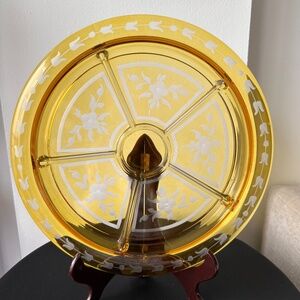 Vintage MCM Big Amber Glass Divided Tray with Floral Etching – 13" Round